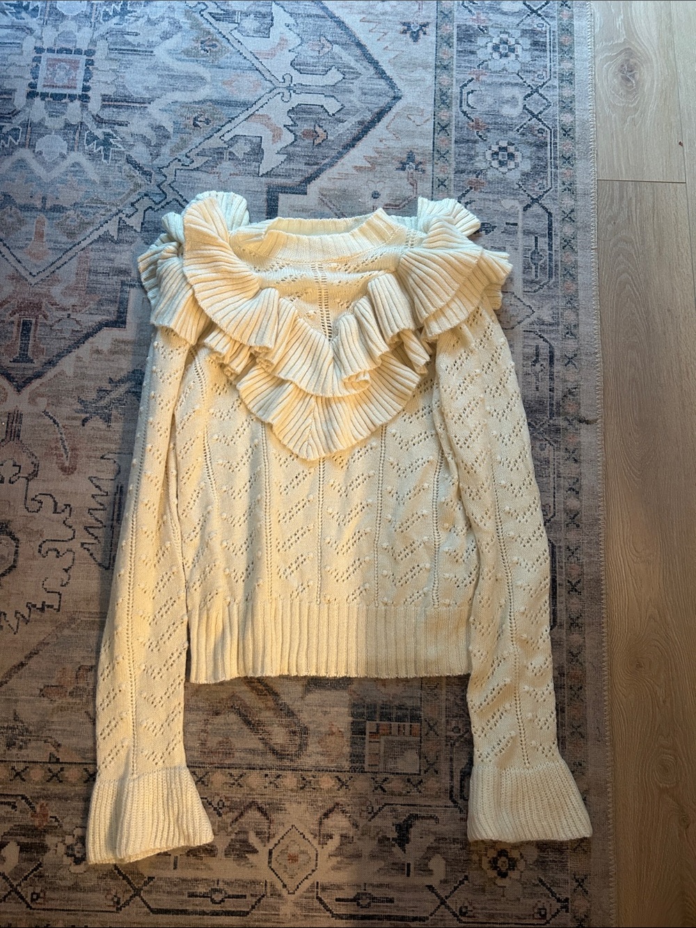 Tularosa Cream Ruffle Detail Knit Sweater